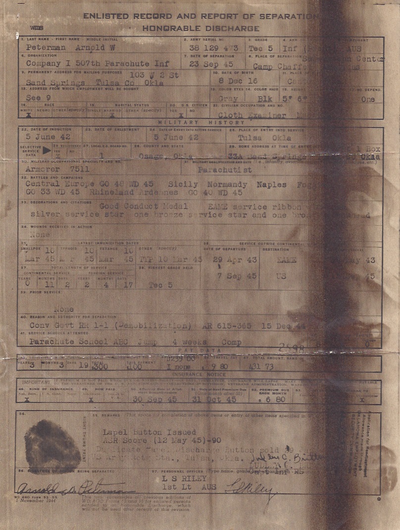 Army Discharge Papers.